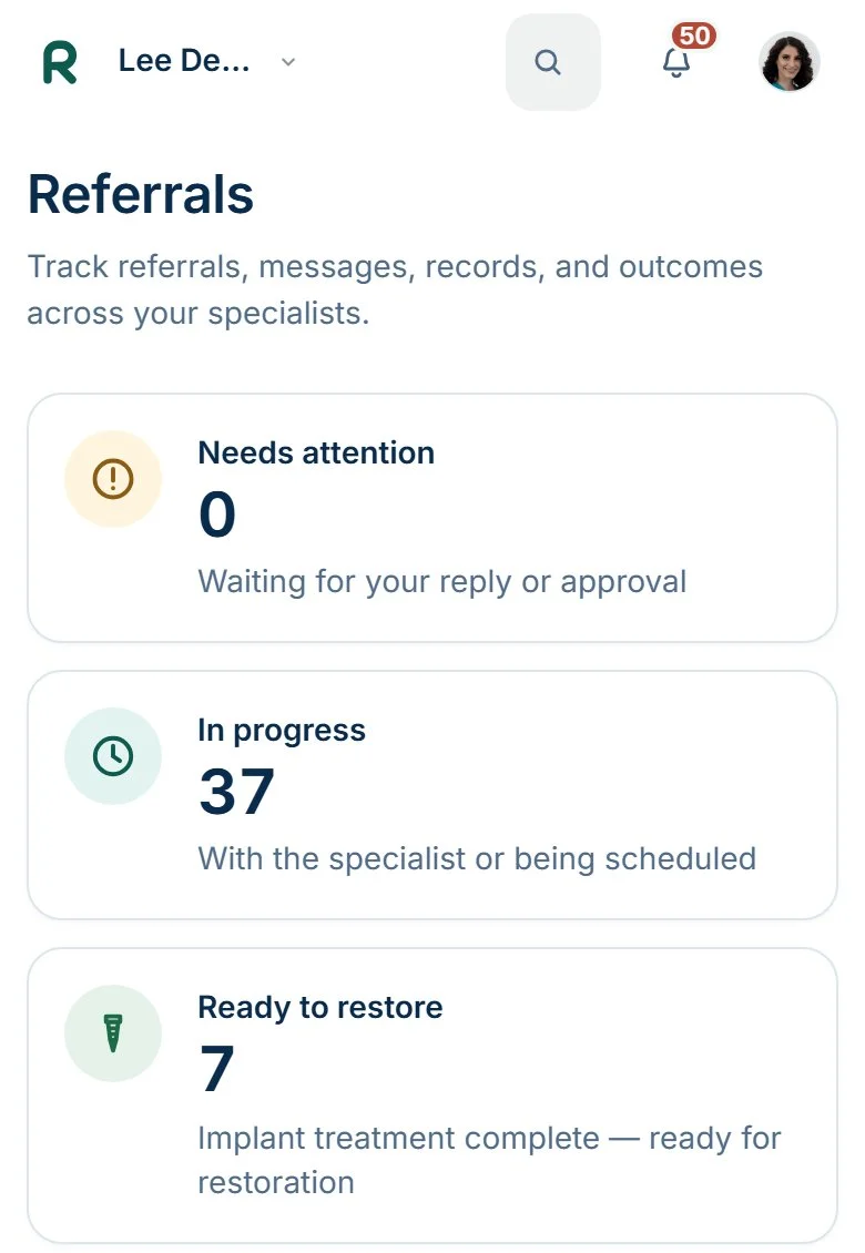 Relay referring-office phone screen showing demo referrals by status and implants ready to restore.
