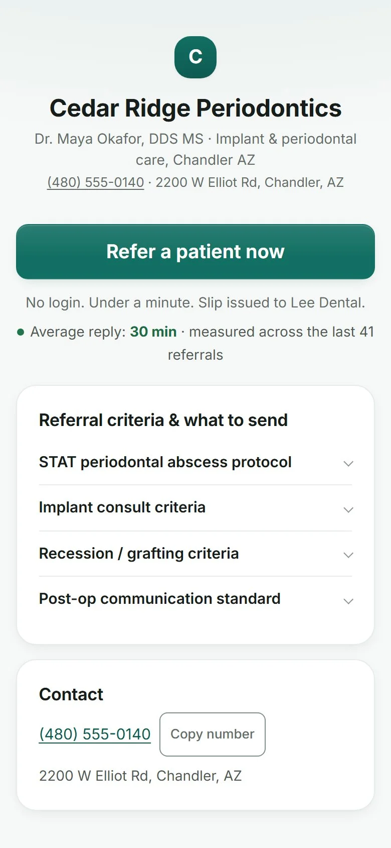 A practice-branded referral page on a phone.