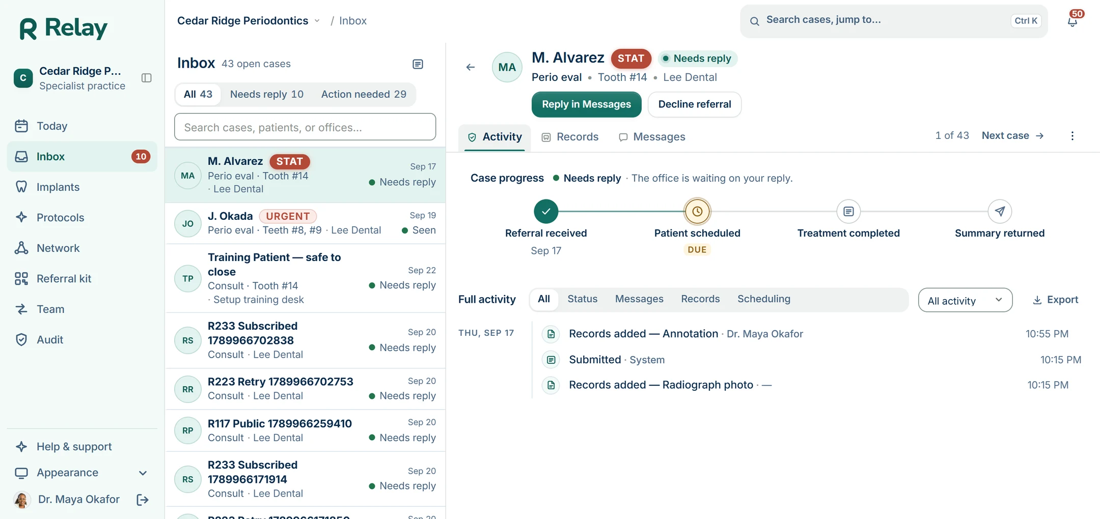 Relay synthetic demo activity view showing the referral received, patient scheduled, treatment completed and summary returned stages.